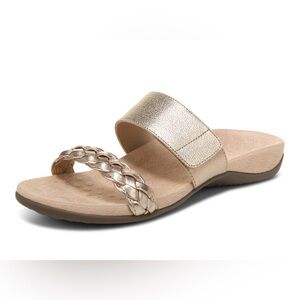 Vionic Jeanne Gold Leather Woven Band Slide Sandals